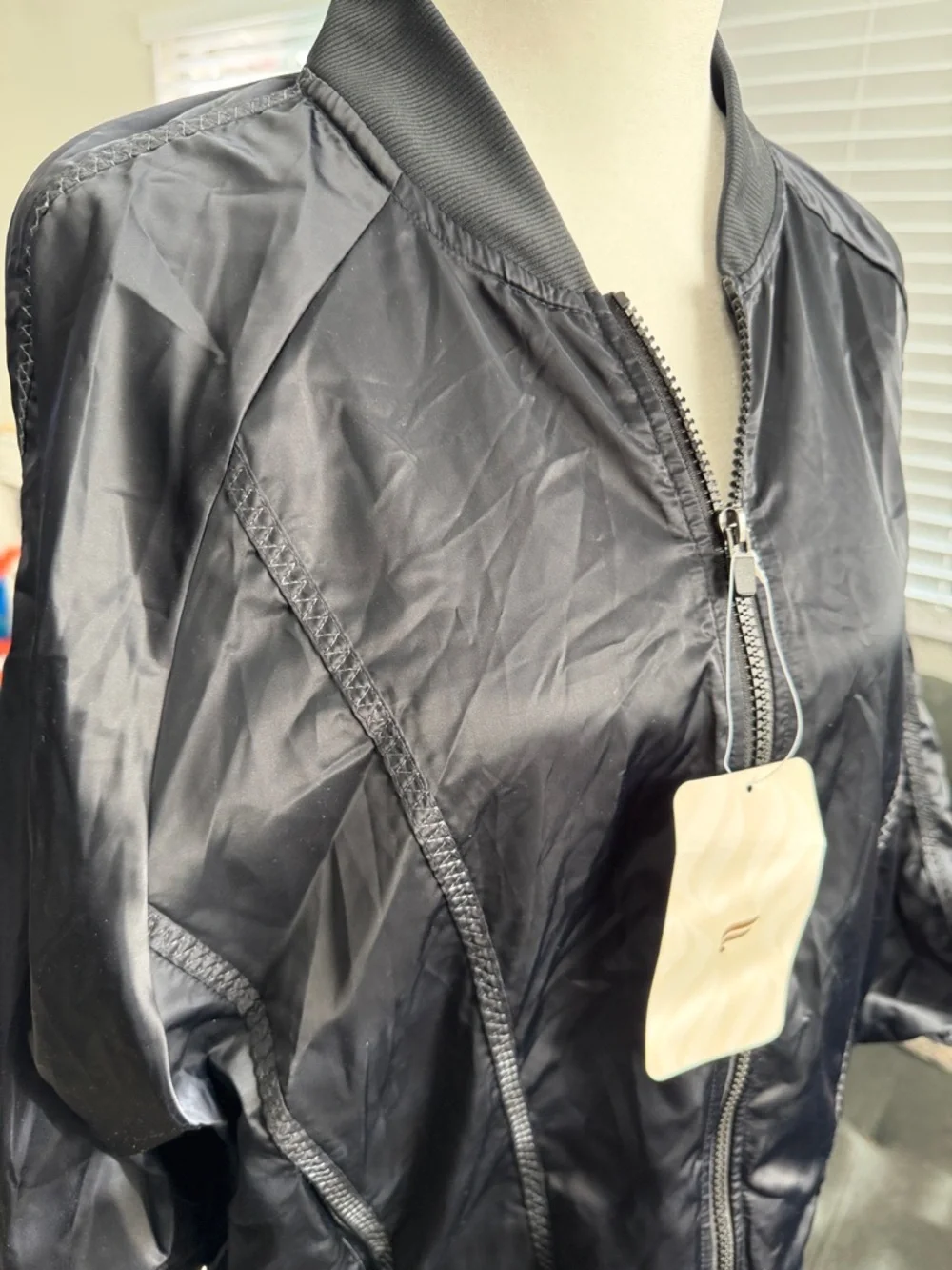 Fabletics Tori Woven Black Satin-Look Bomber Jacket